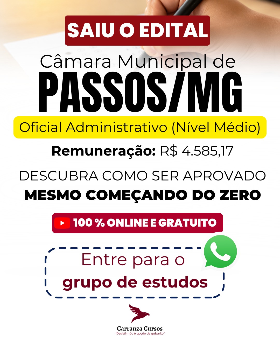 Saiu o edital Câmara Municipal de Passos/MG — Oficial Administrativo — Carranza Cursos