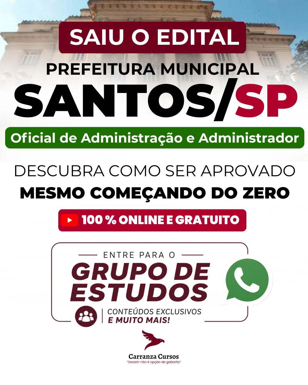 Saiu o edital Prefeitura Municipal de Santos/SP — Oficial de Administração e Administrador — Carranza Cursos