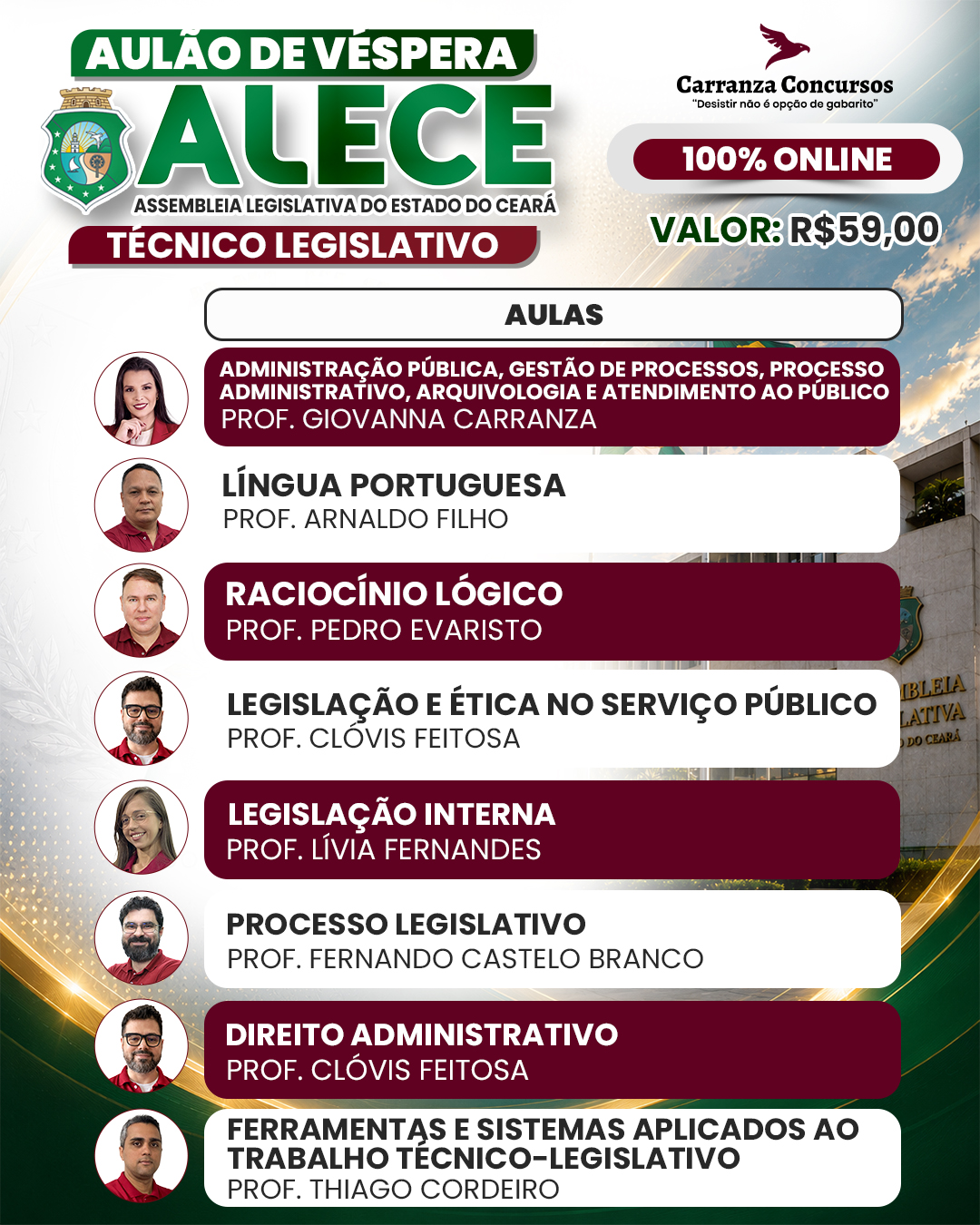 Aulão de Véspera ALECE · Técnico Legislativo · 100% online · R$ 59,00.