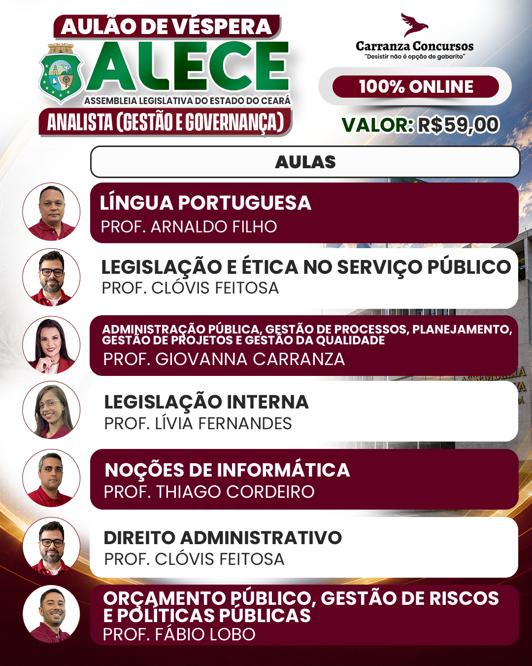 Cronograma de aulas do Aulão de Véspera ALECE · Analista (Gestão e Governança)