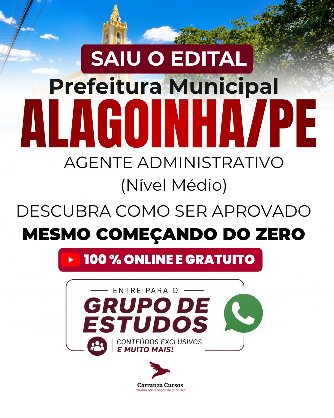 Saiu o edital Prefeitura de Alagoinha/PE, Agente Administrativo, Carranza Cursos