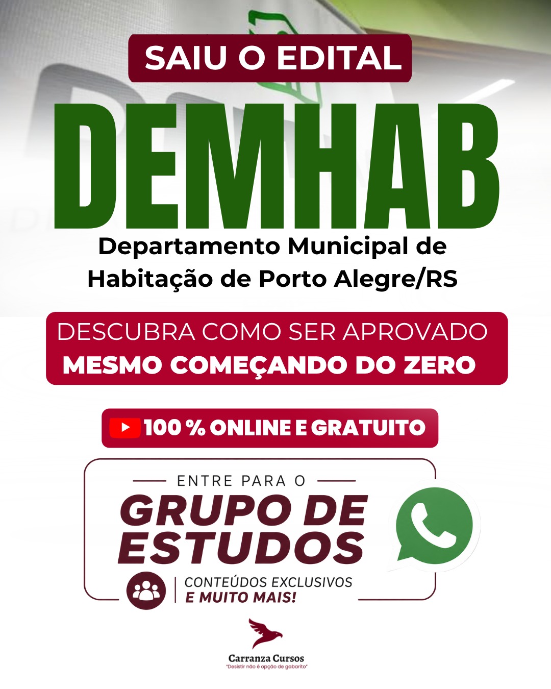 Saiu o edital DEMHAB, Departamento Municipal de Habitação de Porto Alegre/RS, Carranza Cursos