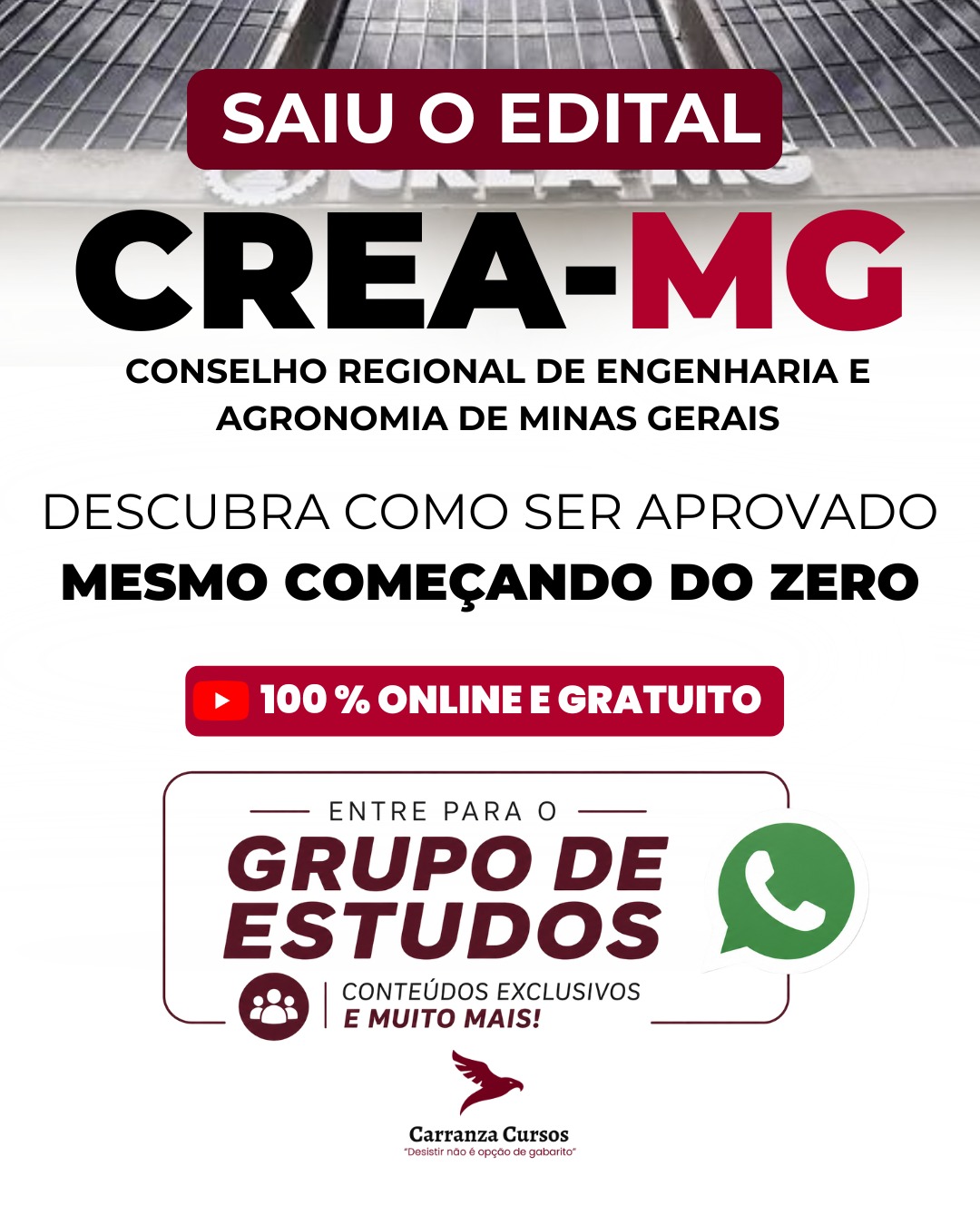 Saiu o edital CREA-MG — Conselho Regional de Engenharia e Agronomia de Minas Gerais — Carranza Cursos
